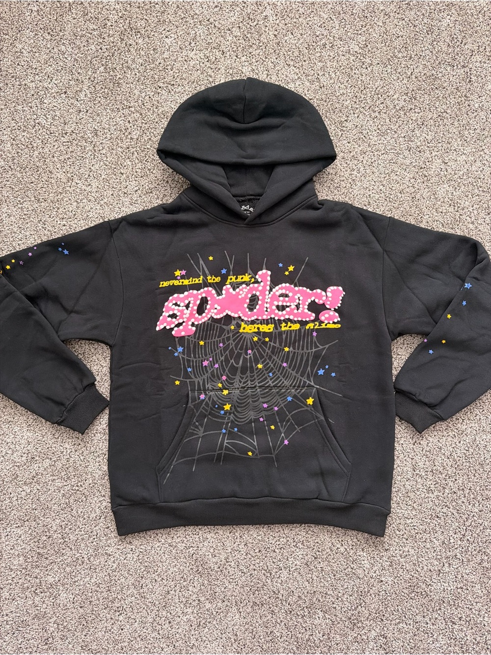 Black Crewneck Hoodie Sweater with Pink Graphic and Star Accents